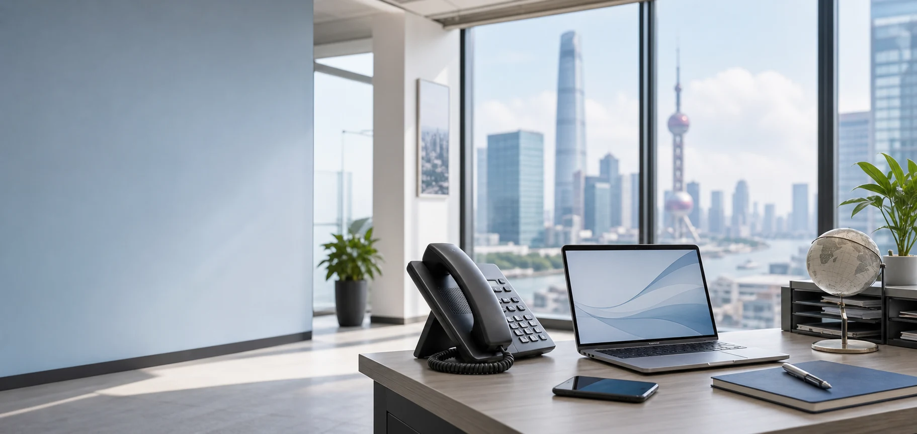 International business communication connecting Shanghai and global markets